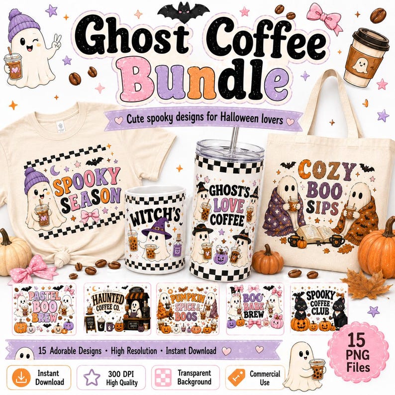May include: A digital collection of 15 Halloween-themed graphics featuring ghosts, coffee cups, and pumpkins. The bundle includes designs on a t-shirt, a mug, a tumbler, and a tote bag, with text such as Spooky Season, Witch's, and Cozy Boo Sips.