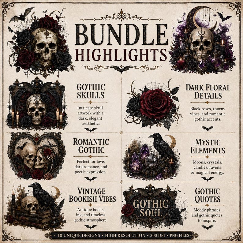 Gothic Skull PNG Bundle, Dark Floral Clipart, Halloween Sublimation Designs (10 PNG Files) image 9