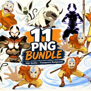 Puede incluir: Una colección digital de 11 imágenes PNG con personajes de Avatar: The Last Airbender, incluyendo a Aang en varias poses, Appa y Momo. El texto 11 PNG BUNDLE High Quality Transparent Background está centrado en el gráfico.
