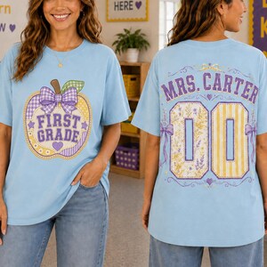 Personalized Grade Level Teacher Shirt, Custom Teacher Name Front and Back Tee, Patchwork Apple Bow Shirt, Back to School Gift