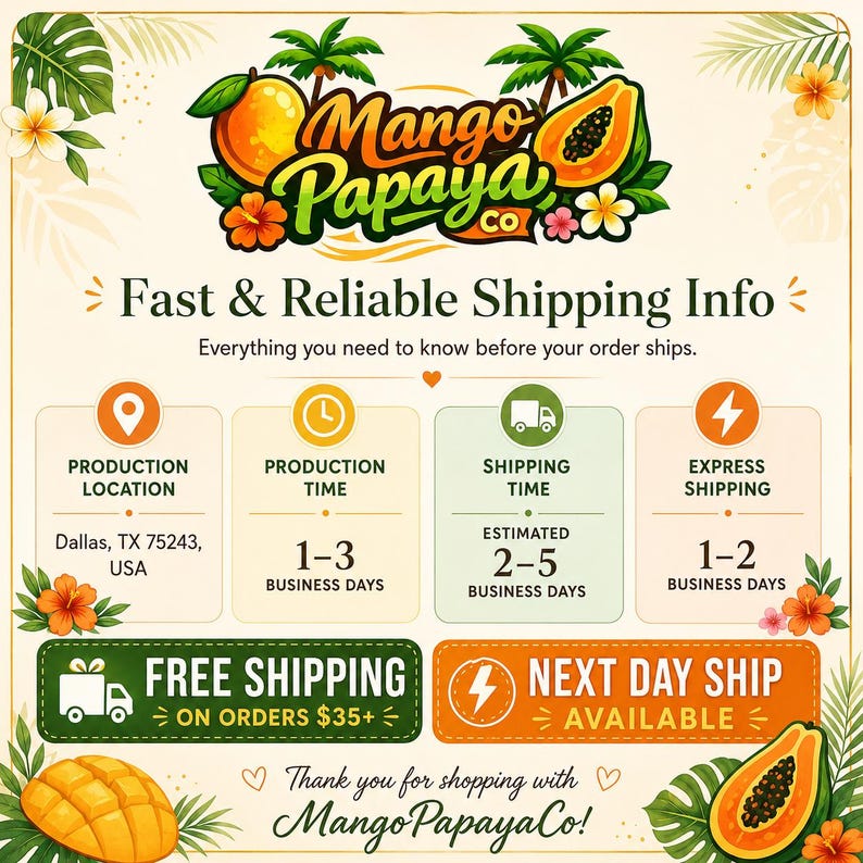 May include: A graphic display for Mango Papaya Co. featuring tropical illustrations of mangoes, papayas, palm leaves, and hibiscus flowers. The text includes 'Fast & Reliable Shipping Info', 'Production Location', 'Production Time', and 'Shipping Time'.