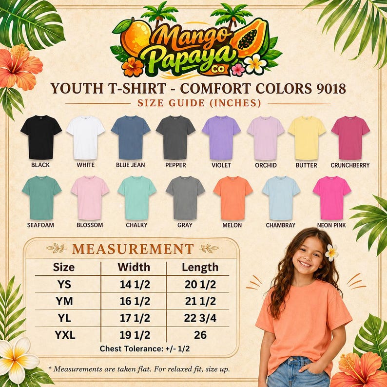 May include: A color chart for Comfort Colors 9018 youth t-shirts featuring 15 solid color options including black, white, blue jean, pepper, violet, orchid, butter, crunchberry, seafoam, blossom, chalky, gray, melon, chambray, and neon pink.
