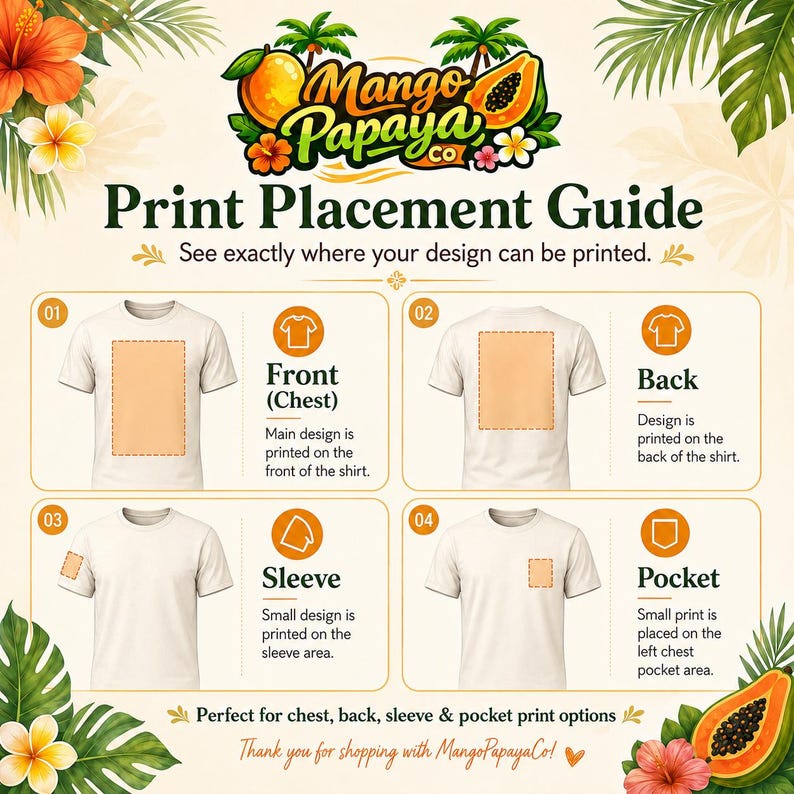 May include: A Mango Papaya Co. print placement guide featuring four white t-shirts showing print locations: front chest, back, sleeve, and pocket. The graphic includes tropical fruit and leaf illustrations with text explaining design placement options.