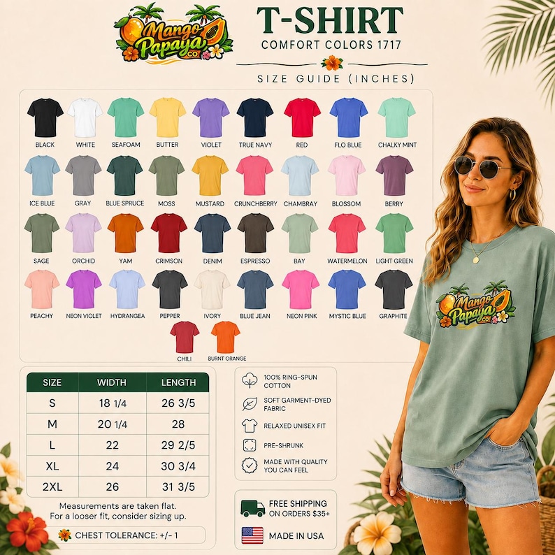 May include: A Comfort Colors 1717 t-shirt size guide featuring a color palette chart with various shades, a size measurement table in inches, and a graphic logo of Mango Papaya Co. The shirt is displayed in a sage green color with the logo.
