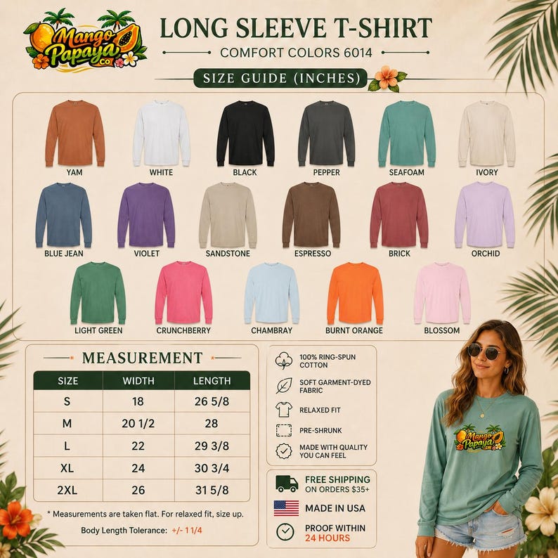 May include: A long sleeve t-shirt color chart featuring Comfort Colors 6014 in various shades including yam, white, black, pepper, seafoam, ivory, blue jean, violet, sandstone, espresso, brick, orchid, light green, crunchberry, chambray, burnt orange, and blossom.