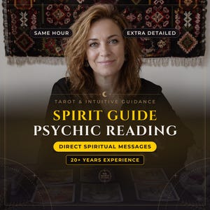 May include: A person with shoulder-length brown hair wearing a black shirt. Text reads: SAME HOUR, EXTRA DETAILED, TAROT & INTUITIVE GUIDANCE, SPIRIT GUIDE PSYCHIC READING, DIRECT SPIRITUAL MESSAGES, 20+ YEARS EXPERIENCE, NIL MEDIUM STUDIO.