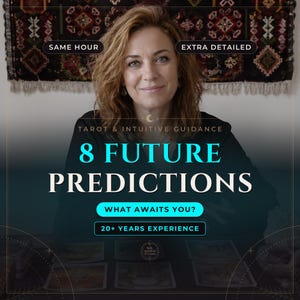 May include: A person with shoulder-length brown hair sits behind a table with tarot cards. Text reads: SAME HOUR, EXTRA DETAILED, TAROT & INTUITIVE GUIDANCE, 8 FUTURE PREDICTIONS, WHAT AWAITS YOU?, 20+ YEARS EXPERIENCE, and NIL MEDIUM STUDIO.