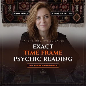 May include: A digital graphic featuring a person with shoulder-length brown hair, overlaid with text: SAME HOUR, EXTRA DETAILED, TAROT & INTUITIVE GUIDANCE, EXACT TIME FRAME PSYCHIC READING, 20+ YEARS EXPERIENCE, and NIL MEDIUM STUDIO.