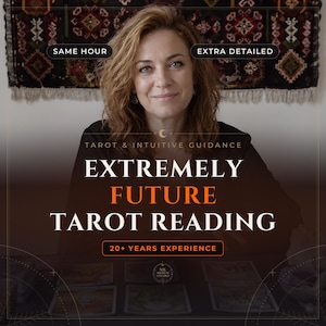 May include: A person with shoulder-length brown hair sits behind a table with tarot cards. Text reads: SAME HOUR, EXTRA DETAILED, TAROT & INTUITIVE GUIDANCE, EXTREMELY FUTURE TAROT READING, 20+ YEARS EXPERIENCE, and NIL MEDIUM STUDIO.