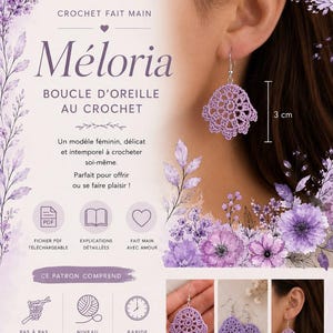May include: A digital pattern for handmade crochet earrings titled Meloria. The design features a light purple, fan-shaped lace motif measuring 3 cm in length. The document includes PDF download information, step-by-step instructions, and photos.