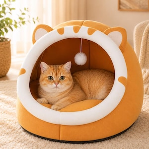 Cozy Cat House, Plush Indoor Cat Hideaway with Removable Cushion, Gray or Orange