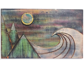 Rustic Mountain, Waves, colorful wood sculpture. Great gift for beach-woods lovers. Wood burned & finished in a Crystal Clear Resin