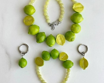Kallini™ Lime Smyckeset | Handgjort Halsband, Armband och Örhängen | Naturlig Jadeit | Litechko-kollektionen