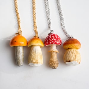 May include: Four mushroom pendants on chains. Two pendants hang from gold-toned chains, featuring an orange cap with a speckled stem and a tan cap with a textured stem. Two hang from silver-toned chains, featuring a red-spotted cap and a brown cap.