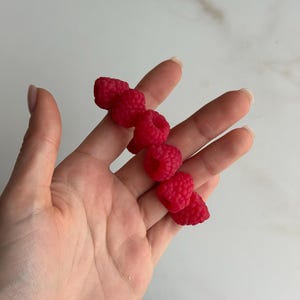 May include: A series of six small, bright red raspberry-shaped objects arranged in a linear row. Each individual piece features a textured, bumpy surface that mimics the appearance of a real raspberry, with a hollow center visible on several units.
