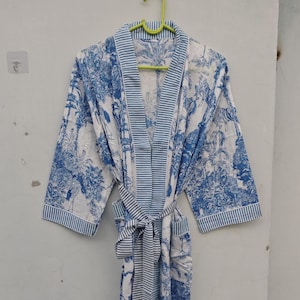 Blue Botanical Print Kimono Robe, White Striped Trim, Wrap Loungewear