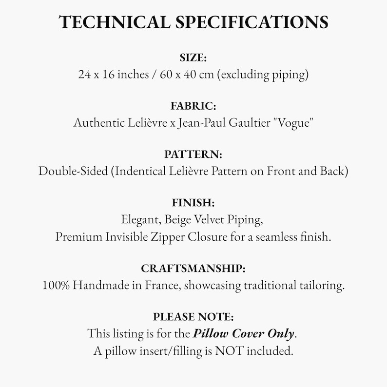 Puede incluir: Especificaciones t&eacute;cnicas para una funda de coj&iacute;n de 60 x 40 cm. Tejido aut&eacute;ntico Leli&egrave;vre x Jean-Paul Gaultier Vogue, patr&oacute;n de doble cara, ribete de terciopelo beige y cremallera invisible. Hecho a mano en Francia. Solo incluye la funda.