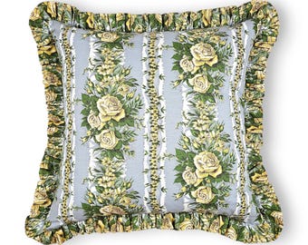 Vintage 1960s Marignan Fabric Pillow Cover 20x20 in, Floral Striped Ruffled Cushion Cover, Yellow Roses, Handmade in France