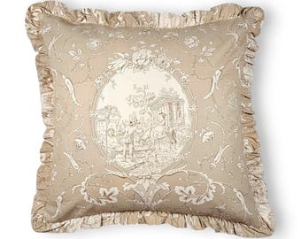 60x60 cm (24x24") Cushion Cover in Braquenié Pierre Frey Fabric – "La Fontaine" Toile de Jouy, Double-Sided, Ruffle Trim, Handmade in France