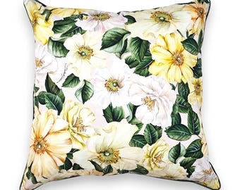 Funda de cojín de 45x45 cm en tela Dolce & Gabbana, estampado floral, reversible, ribete de satén, hecha a mano en Francia.