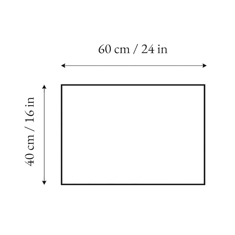 Puede incluir: Un dibujo de contorno rectangular que representa una superficie plana. El diagrama incluye l&iacute;neas de cota que indican un ancho de 60 cm y una altura de 40 cm, con las medidas imperiales correspondientes de 24 pulgadas y 16 pulgadas claramente marcadas.
