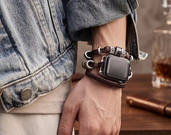 Correa de cuero trenzado vintage para Apple Watch / Pulsera apilada con cuentas / Estilo bohemio para Apple Watch Ultra 2 9 8 7 6 SE / Regalo de joyería para hombre y mujer