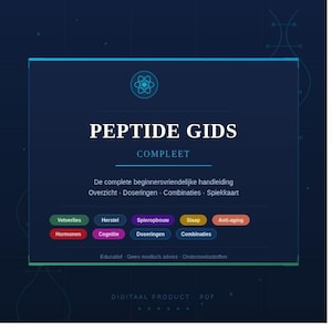 Op de afbeelding: Een digitale PDF-gids getiteld PEPTIDE GIDS COMPLEET, met een donkerblauwe achtergrond en een centraal atoomicoon. De tekst bevat een beginnersvriendelijke handleiding en gekleurde knoppen met onderwerpen zoals vetverlies, herstel en slaap.