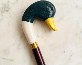 Handgeschnitzter Spazierstock mit Entenkopf, Vintage-Holzstock, Messingakzente (91 cm)