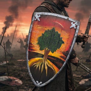 Pode incluir: Um escudo de madeira tipo heráldico com uma árvore verde pintada e raízes visíveis sobre um fundo com cores de pôr do sol. O escudo tem uma borda de prata metálica com detalhes decorativos de flor-de-lis nos cantos.
