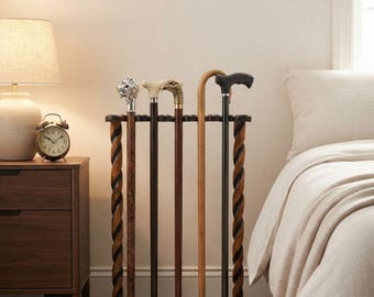 Hand-Carved Solid Wood Cane Holder Stand, Twisted Pillar Pool Cue Rack