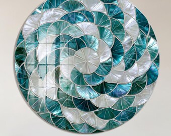 Round Stained Look Glass Wall Art, Teal Pearl Spiral Coastal Home Decor
