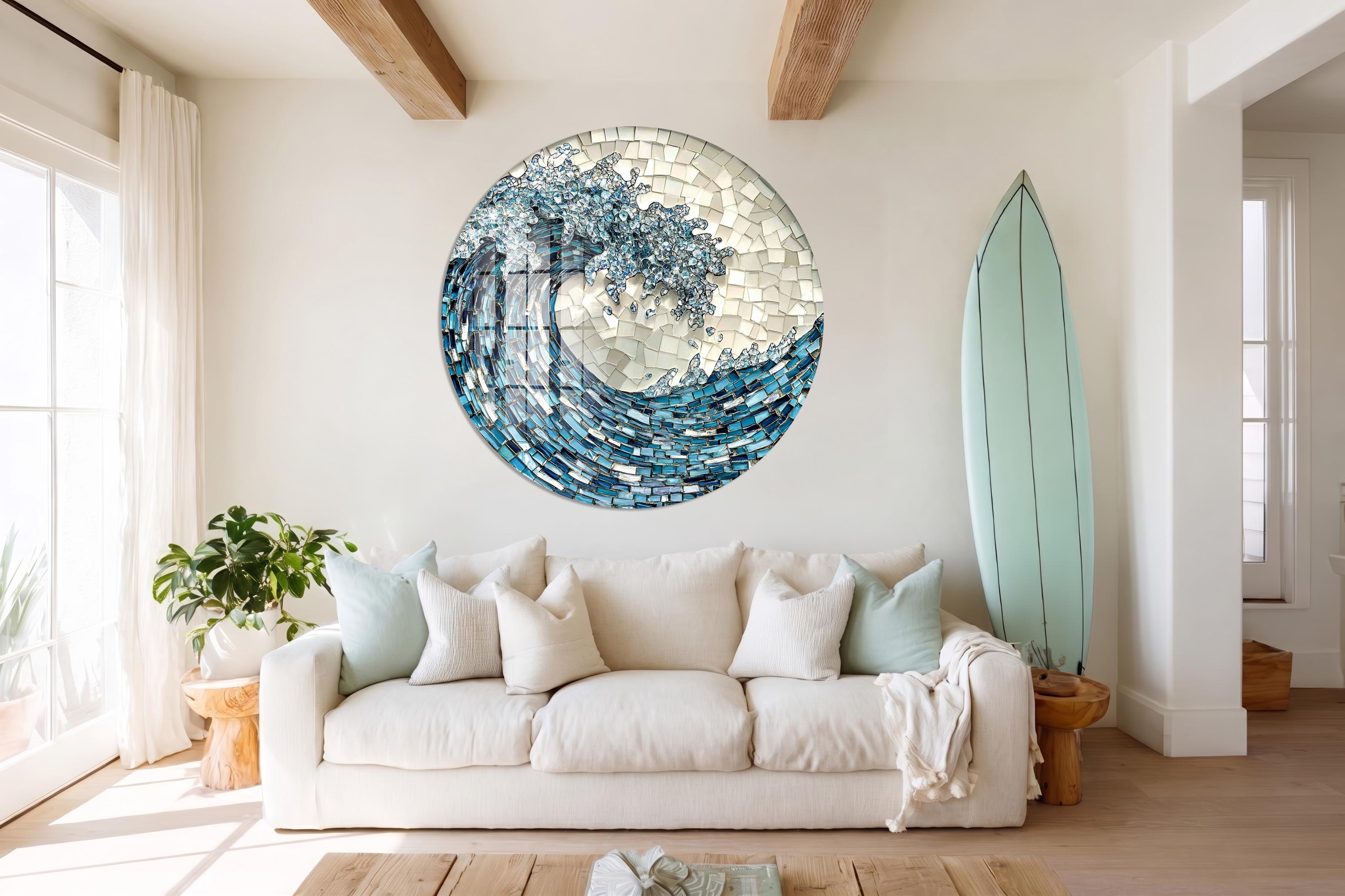 Round Wave Stained Effect Glass Wall Art, Coastal Ocean Beach Decor