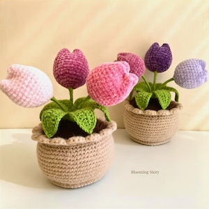 Peut inclure: Deux plantes en pot crochetées avec des fleurs de tulipes en peluche dans des tons rose clair, magenta et violet. Chaque plante a des feuilles vertes crochetées et est placée dans un pot beige crocheté avec un bord festonné. Le texte Blooming Story est visible.