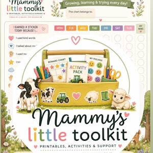 May include: A reward chart titled My Little Wins featuring a wooden toolbox illustration filled with activity cards, crayons, and farm animals including a cow, sheep, and tractor. The chart includes sections for daily tracking, stickers, and goal setting with colorful text and floral accents.