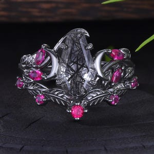 Coffin Black Rutilated Quartz Bridal Ring Set 925 Silver Lab Ruby Leaf Vine Enhancer Jacket Gothic Halloween Christmas Wedding ring for her