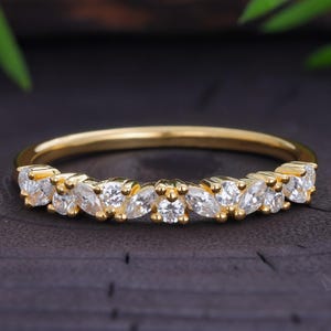 14K Yellow Gold Sterling Silver Marquise Round Moissanite Half Eternity Band Dainty Stackable Wedding Bridal Handmade Jewelry ring for her