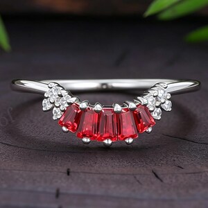 Vintage Unique Baguette Lab Ruby Cluster Wedding Band White Gold Silver Moissanite Fan Shaped Curved Anniversary Bridal Promise ring for her