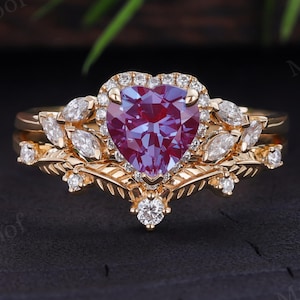 14K Yellow Gold Silver Vintage Leaf Heart Cut Alexandrite Engagement Ring Set Halo Moissanite Stacking Bridal Wedding Ring Set ring for her