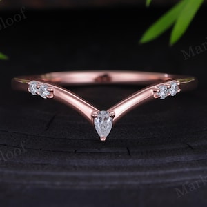 Dainty V Shape Moissanite Band 14K Rose Gold Curved Stacking Ring Pear Cut Accent Minimalist Bridal Promise Anniversary Jewelry ring for her