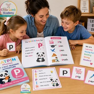 May include: A phonics learning set featuring a SATPIN My First Reading Adventure book, a letter P card, a rule sheet, and flashcards with illustrations of a pig and a pen. The book displays the letter P, a panda, and words like pig, pan, pen, pizza, and push.