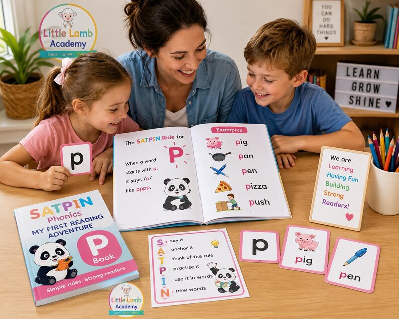 May include: A phonics learning set featuring a SATPIN My First Reading Adventure book, a letter P card, a rule sheet, and flashcards with illustrations of a pig and a pen. The book displays the letter P, a panda, and words like pig, pan, pen, pizza, and push.