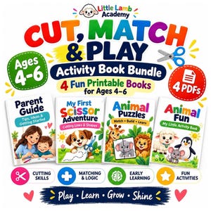 May include: Little Lamb Academy Cut, Match & Play activity book bundle for ages 4-6. Includes four printable PDF books: Parent Guide, My First Scissor Adventure, Animal Puzzles, and Animal Fun, featuring colorful illustrations of animals.