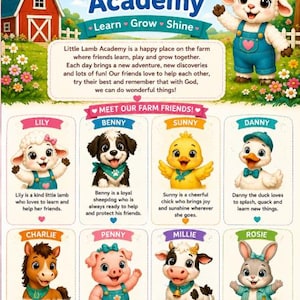 May include: A colorful educational poster titled Little Lamb Academy featuring a cartoon lamb in blue overalls. It includes a farm scene, descriptive text, and eight illustrated animal characters named Lily, Benny, Sunny, Danny, Charlie, Penny, Millie, and Rosie.