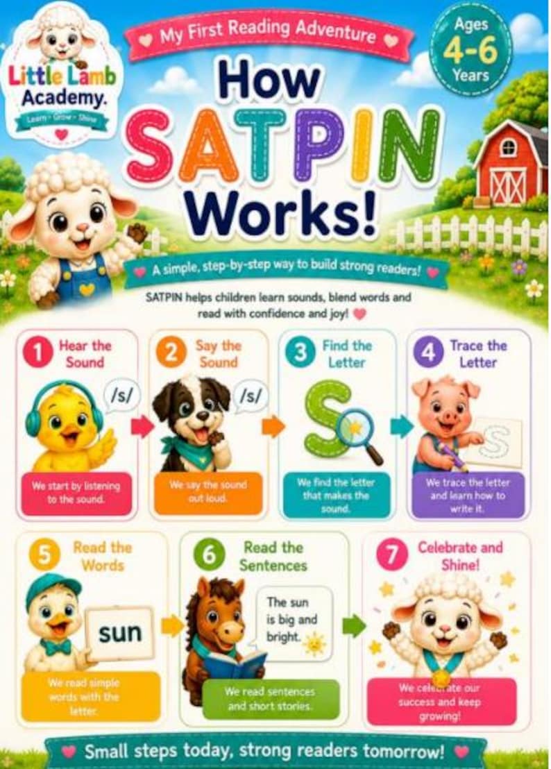 May include: An educational poster titled How SATPIN Works! from Little Lamb Academy for ages 4-6. It features seven numbered steps with cartoon animals illustrating how to hear, say, find, trace, read words, read sentences, and celebrate learning.