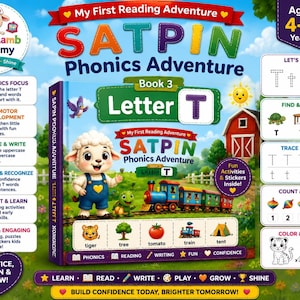 May include: A colorful educational book titled SATPIN Phonics Adventure Book 3 Letter T, featuring a cartoon lamb, a train, and various learning activities like tracing, counting, and coloring for children aged 4-6 years, with a bright farm background.