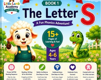 May include: A children's educational book titled My First Reading Adventure Book 1 The Letter S. The cover features a cartoon lamb and a green snake in a grassy field, with text highlighting 15+ pages of learning, ages 4-6, and phonics activities.