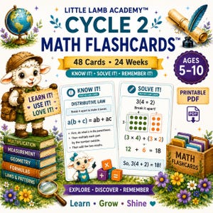 May include: Little Lamb Academy Cycle 2 Math Flashcards for ages 5-10. Includes 48 cards covering 24 weeks of math topics like multiplication and geometry. Features a cartoon lamb, a stack of books, a globe, and a wooden crate of cards.