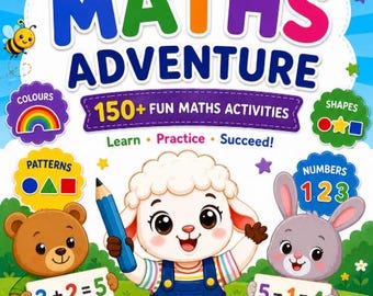 May include: A colourful educational book titled My Maths Adventure for ages 3-6 years. The cover features a cartoon lamb, bear, and rabbit with maths activities, numbers, shapes, and patterns. It includes text like 150+ Fun Maths Activities.