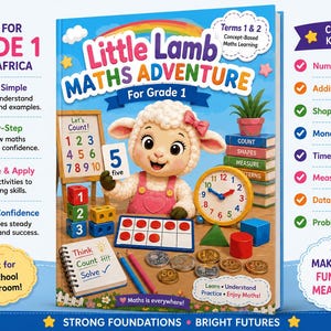 Op de afbeelding: Een wiskunde-leerboek voor groep 3 met de titel Little Lamb Maths Adventure. De kaft toont een getekend lammetje dat een kaart met het cijfer 5 vasthoudt, omringd door telblokken, een klok, munten, vormen en een notitieblok met de tekst Think Count Solve.