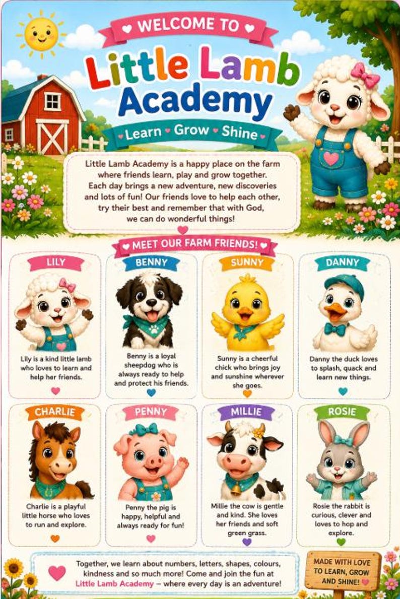 May include: A colorful educational poster titled Little Lamb Academy featuring a cartoon lamb in blue overalls. It includes a farm scene, descriptive text, and eight illustrated animal characters named Lily, Benny, Sunny, Danny, Charlie, Penny, Millie, and Rosie.